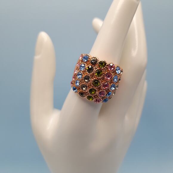 Multicolored Rhinestone Wide Band Ring, Rose Gold Tone, Size 7.75 - Picture 7 of 14